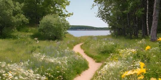 en grusstig kantad av sommarblommor